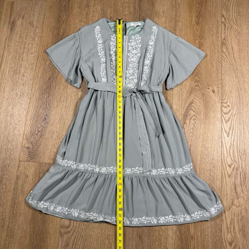 Polagram Sage Green Embroidered Floral Ruffle Sleeve Midi Dress Size L - Picture 7 of 11